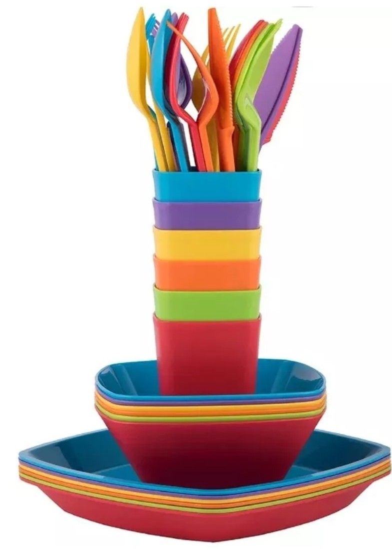 Set of 36 Kids Melange Dinnerware - 6 each of: Plate, Bowl, Cup & Utensils