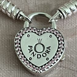 Pandora - Authentic “Lock Your Promise” Fancy Pink CZ & 925 Sterling Silver Heart Bracelet, Size 7”