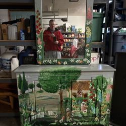 Hand Painted Cabinet And Mirror 