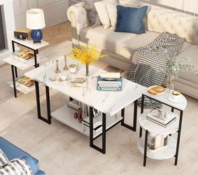Faux Marble Table Set,Coffee Table & 2 Side Table, Faux Marble Tabletop and Metal Frame, 3 Piece Table Sets, for Living Room Apartment,White & Black
