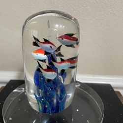 Aquarium Art Glass Paperweight with Fish Ocean Water Sculpture Murano Style 5”T
