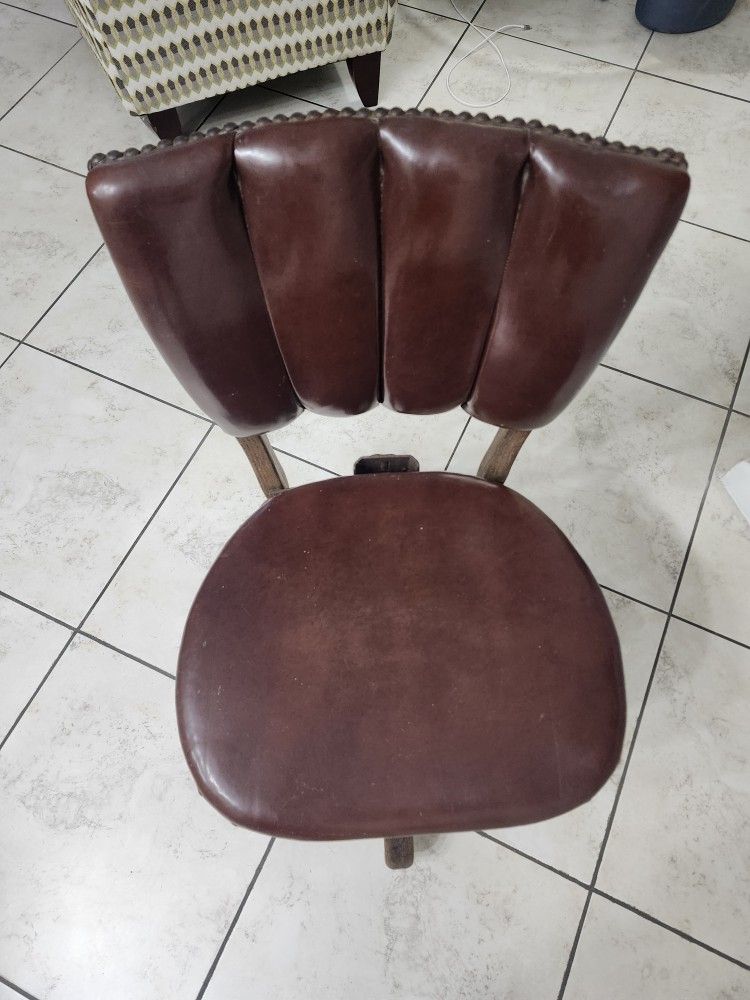 Leather with Wood And Metal Antique Library Desk Chair