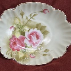 Lefton China vintage green heritage rose hand painted candy nut dish #01860