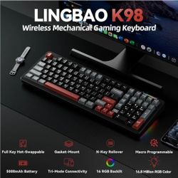 LINGBAO K98 Wireless Mechanical Gaming Keyboard, Tri-Mode BT5.0/2.4GHz/USB-C, Gasket Custom Hot-Swappable Linear Switches Creamy Keyboard with Number 