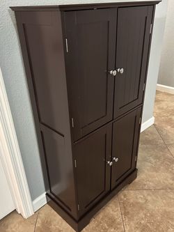 (NEW) 44” High Dark Brown Wood Storage Cabinet with 4 Doors