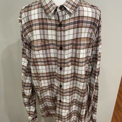 Prana Flannel Button Up Shirt Men's Large L Long Sleeve Plaid Slim Pocket White