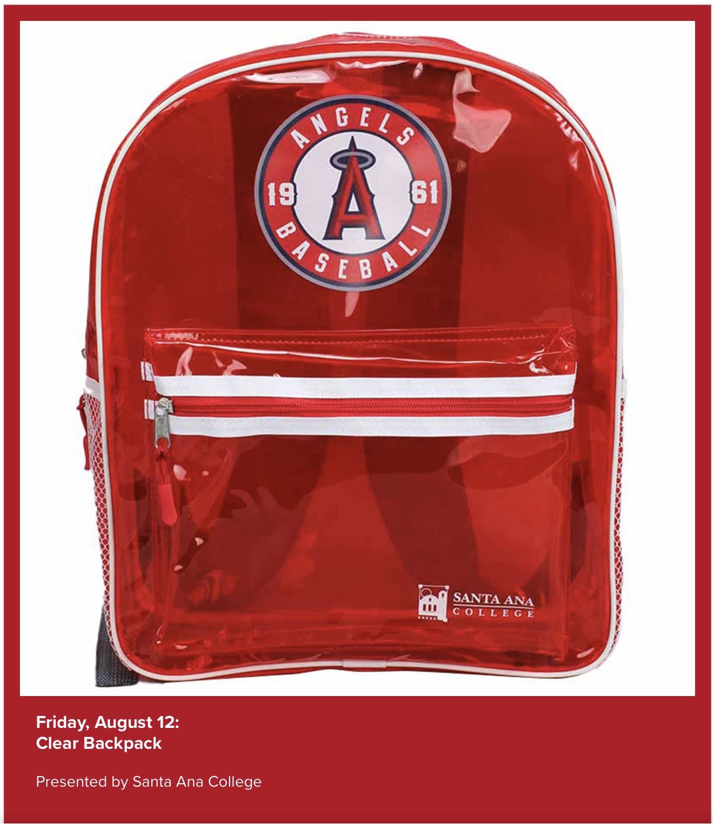 Angels Baseball clear red stadium compliant backpack