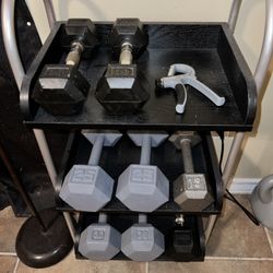 Dumbbells, 10lbs, 15lbs, 25lbs, 30lbs.