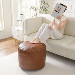 Round PU Leather Floor Pouf Footrest Stool Ottoman, Brown  26x18"H          