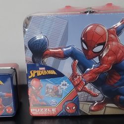 Marvel Spiderman Lunch Box Puzzle And Light Up Digital Watch With Tin Box