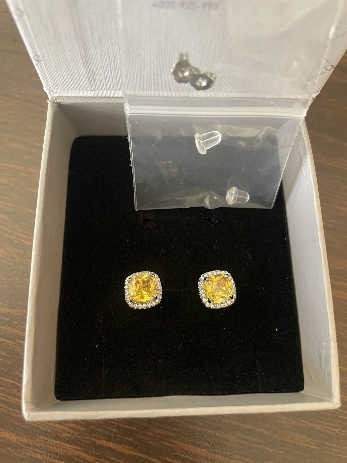Yellow Cushion Diamond Cut CZ Stud Earring 