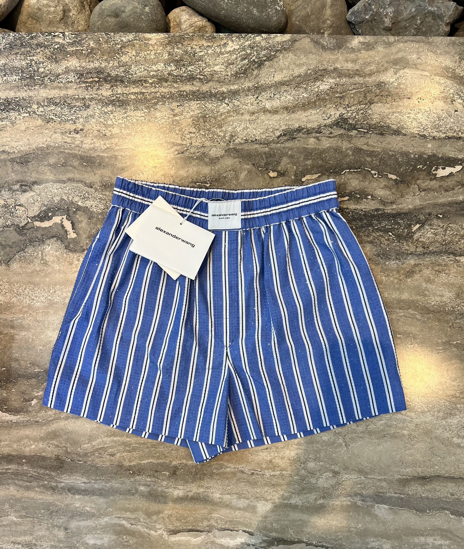 NWT Alexander Wang Classic Boxer Shorts with Clear Bead Hotfix Blue XS $795
