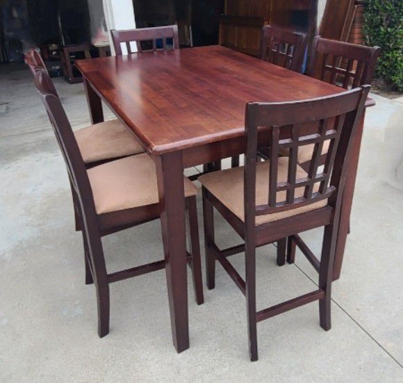 Taking best offer. Solid Wood Expendable Dining Room Table Set With 6 Cushioned Chairs, Great Condition. Dimensions Below. Taking Best Offer. 