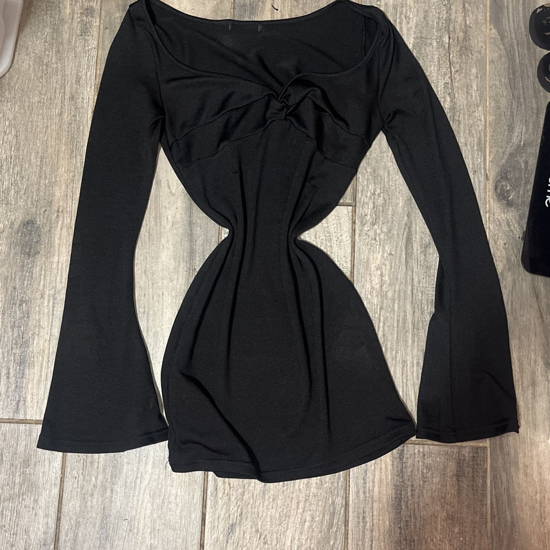 Black, long sleeve short dress with flared sleeves