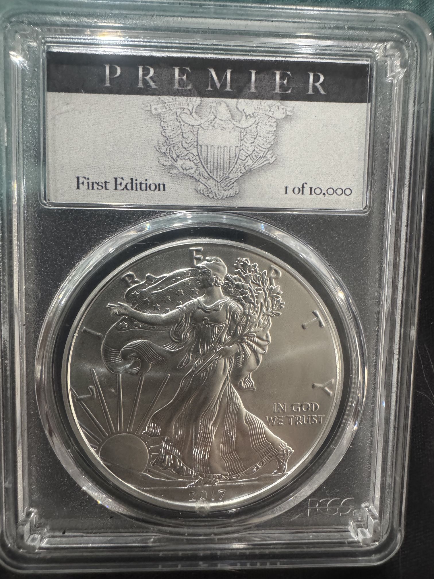 This is a 2017 American Eagle "First Edition" silver coin. 1 Of 10,000