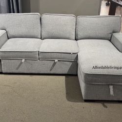 Grey Pullout Sectional W/ Reversible Storage Chaise Brand New In Box 