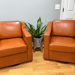 Set of 2 Orange Faux Leather Swivel Armchairs