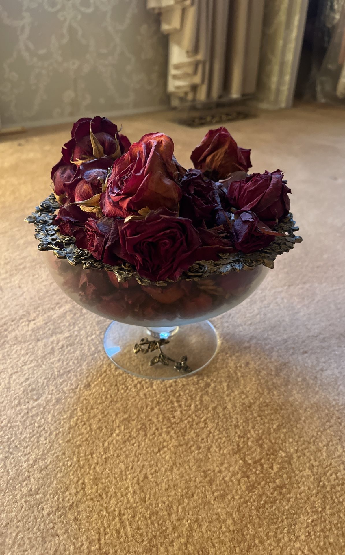 Beautiful glass bowl, the ring of roses is removable around the rim approximately 6 inches in height and 9 inches in diameter