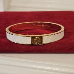 Brand New White Tory Burch Kira Enamel Hinged Bangle Bracelet with logo 18K-Gold-Plated