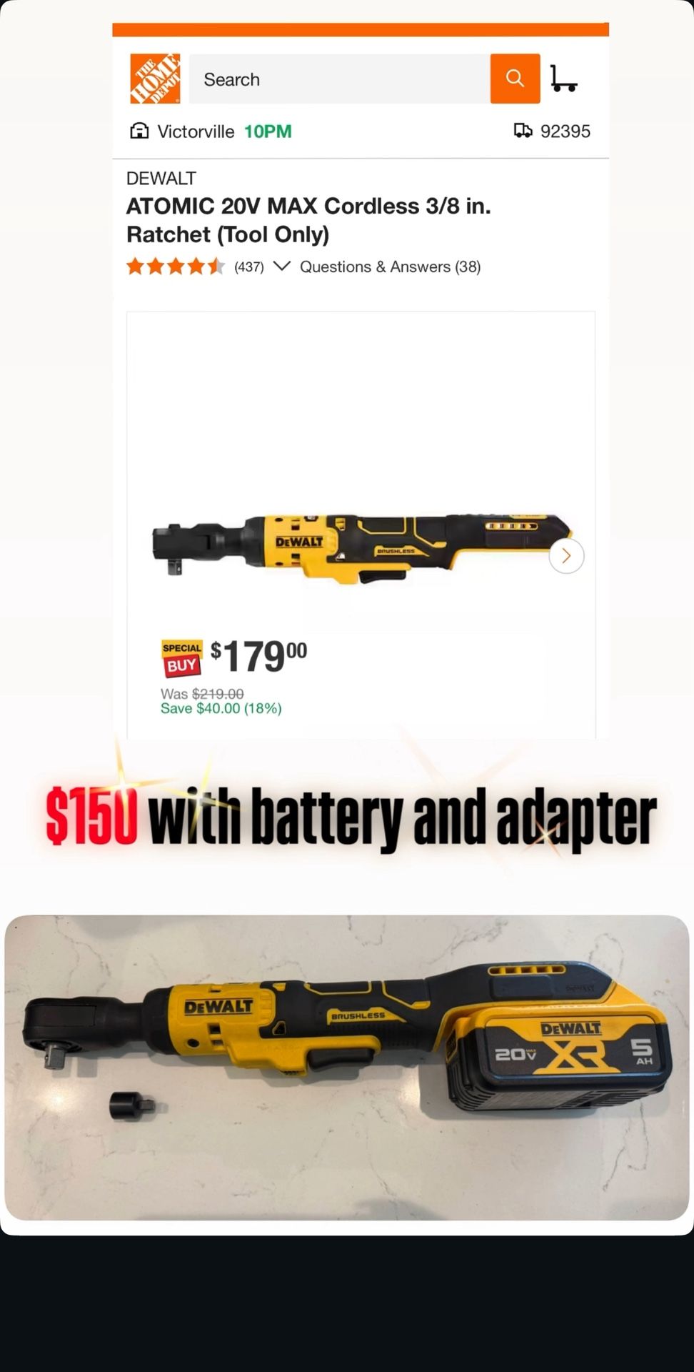 Dewalt Atomic 20v MAX Cordless 3/8 in Ratchet