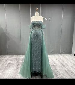 Beautiful Trained Sage Green Hand Beaded Gown
