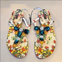 Dolce & Gabbana Multicolor Patent Crystal Embellished Thong Strap Flat Sandals
