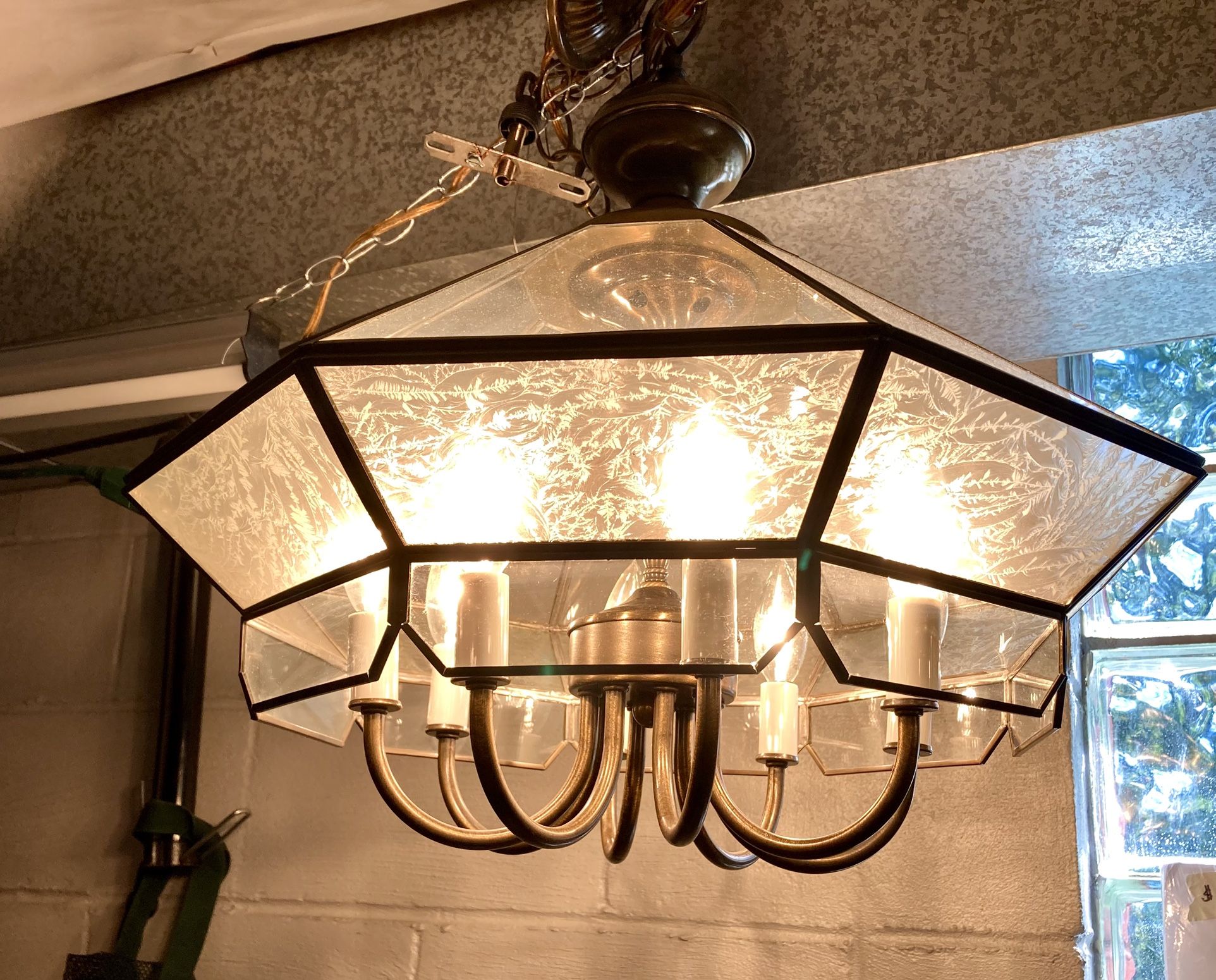 Nice brass and etched glass hanging lamp. Can be swag or ceiling mount