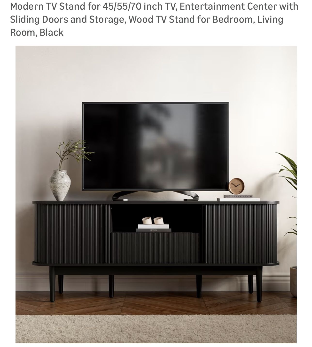 Modern TV Stand for 45/55/70 inch TV, Entertainment Center with Sliding Doors and Storage, Wood TV Stand for Bedroom, Living Room, Black