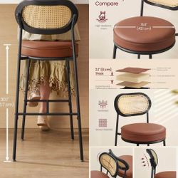 Bar Stools Set of 4.  Ldc097k Bar Height Stools with Rattan Back and Metal Legs, 30.1-Inch Tall Counter Chairs, Modern Leather Upholstered Barstools f