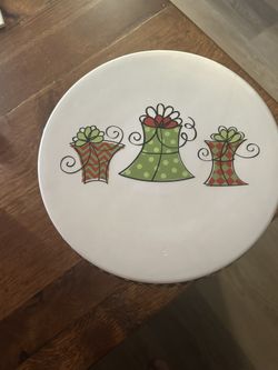 PIER 1 IMPORTS 10.5" Hand-Painted Christmas Cake Plate/Stand Pedestal 5" Tall