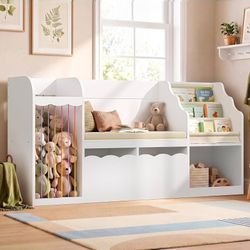 63" Kids Bookshelf with Reading Bench and Storage Bins 5-in-1 Bookcase Organizer with Display Shelves, Cushioned Seat and Flexible Storage, White