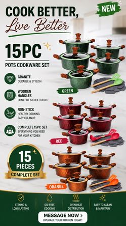 DONNOR Crown Non-Stick 15 PC Granite Cookware Set (Available in Green, Red, Orange)