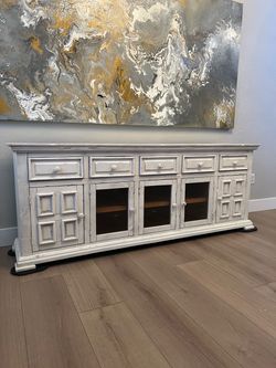 83” Solid Wood Distressed White Dining Server Buffet Sideboard TV Credenza