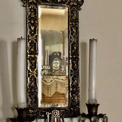Ornate Brass beveled mirror Koi VintageCandle WALL SCONCE  Set of 2 RARE ! Ra