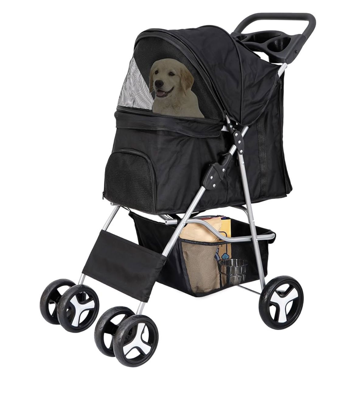 4 Wheels Pet Stroller Dog Cat Stroller for Small Medium Dog Cats Foldable Carrier Jogger Travel Puppy Stroller with Storage Basket and Cup Holder (Bla