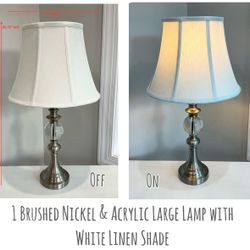 1 Brushed Nickel & Acrylic Large Lamp with White Linen Shade