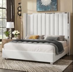 NEW! White Upholstered Bed Frame with Tall Headboard