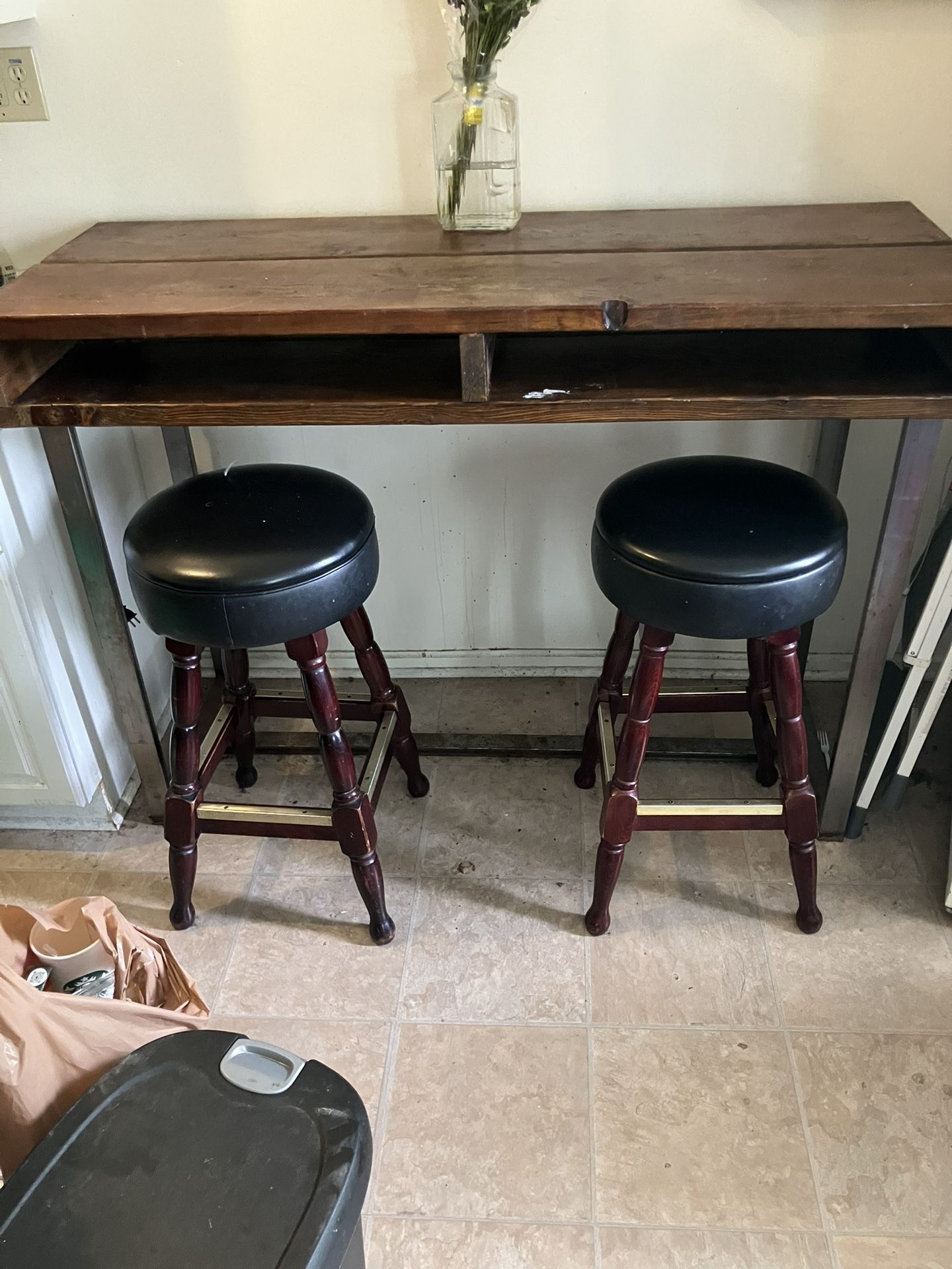 Custom Wooden Bar Table with Bar Stools and Bottle Opener