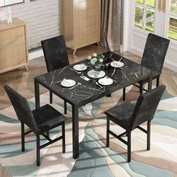 5-Piece Marble Dining Set, Modern Kitchen Table and Chairs for Dining Room, Compact Space Saving Furniture, Dinette, 4 Upholstered Velvet Chairs - Bla