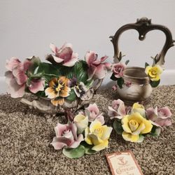 Nuova Capodimonte Porcelain Set ITALY Hand Painted Rose Flowers Basket Floral Bouquet Centerpiece Candle Stick Holders VINTAGE Authentic