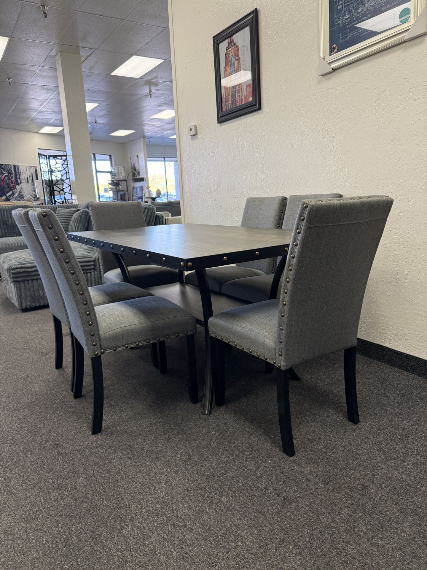 Dining Table With 6 Grey Linen Chairs ✅ Financing Available Bad or No Credit Accepted ✅