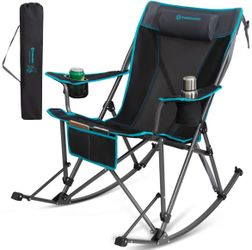 FUNDANGO Oversized Rocking Camping Chair for Adults, Portable Folding Lawn Chairs for Outside with Pillows, Wide Armrest, 2 Cup Holders, Carry Bag for