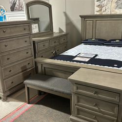 Lettner Queen Panel Bed Light Gray, Queen and King Available,  Bed Frame Dresser Mirror Nightstand Chest 