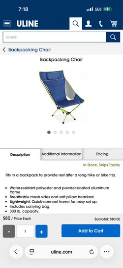 ULINE Backpacking Chair 17 x 21 x 35”