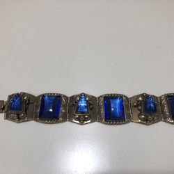 VTG 7" TAXCO STERLING SILVER BLUE GLASS MASK PANEL LINK BRACELET W/Movement