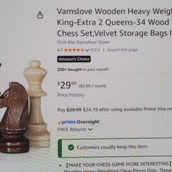 New! Vamslove Wooden Heavy Weighted Chess Pieces, With Extra Queen 