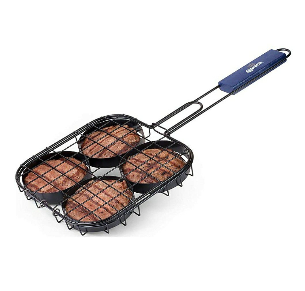 Corona BBQ Grill Accessories Set as Hamburger Grill Basket with Locking Grill Handle for Outdoor/ Indoor BBQ Set Tools for Grilling 4 Burgers At Once