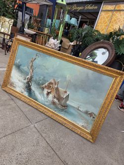 Large Oil Painting of a Winter Landscape by Dadasch – In a Baroque-Style Gold Frame