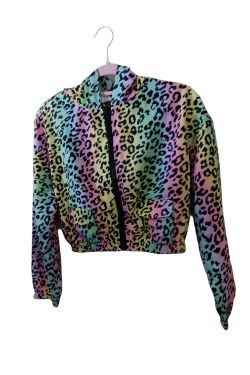 Rainbow Leopard Print Cropped Bomber Jacket