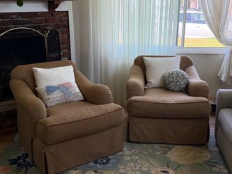 Pair of Tan Houndstooth Upholstered Swivel Armchairs
